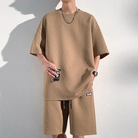 jiaabc Solid Color T-shirt Suit For Men 2023 Summer New Textured Luxury Shorts Fashion Male Casual Sets Oversize Clothing