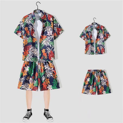 jiaabc 2 Piece Sets Men Beach Fashion M-3XL Baggy Handsome Print Shirts Shorts Hawaiian Holiday Unisex Thin Summer Vintage Clothing Ins