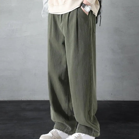 jiaabc Solid Color Pants Breathable Wide-leg Men's Work Pants Retro Style Versatile Solid Color Trousers Pants for Men