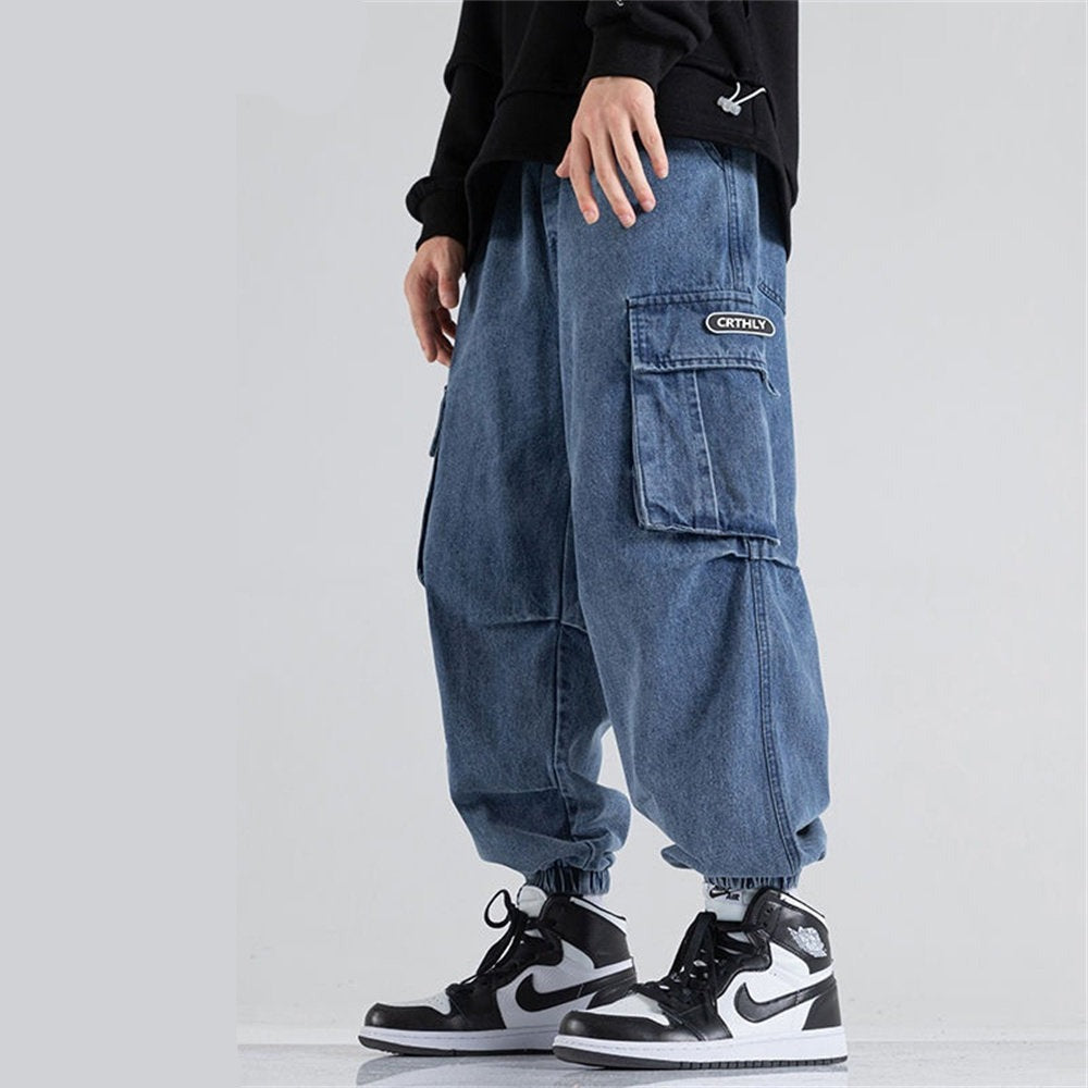 jiaabc Mens Jeans Harem Pants Fashion Pockets Desinger Loose fit Baggy Moto Jeans Men Stretch Retro Streetwear Relaxed Men Jeans