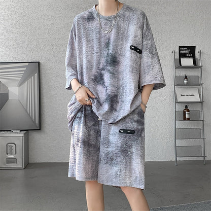 jiaabc Tie Dyed Texture Casual Shorts Set Short Sleeve T-shirts Large Size Summer Harajuku Streetwear Hip Hop Male Suit