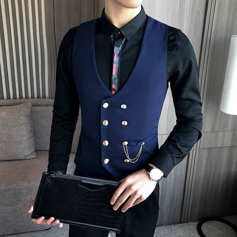 jiaabc Men's Double Breasted Vest Spring New Slim Sleeveless Formal Suit Vest Gray Black Fashion Men's Business Casual Suit Vest