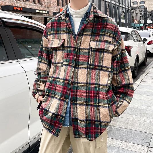 jiaabc Thick Plaid Woolen Coat Men Warm Oversized Retro Thickened Woolen Jacket Mens Streetwear Korean Loose Short Woolen Coat Men