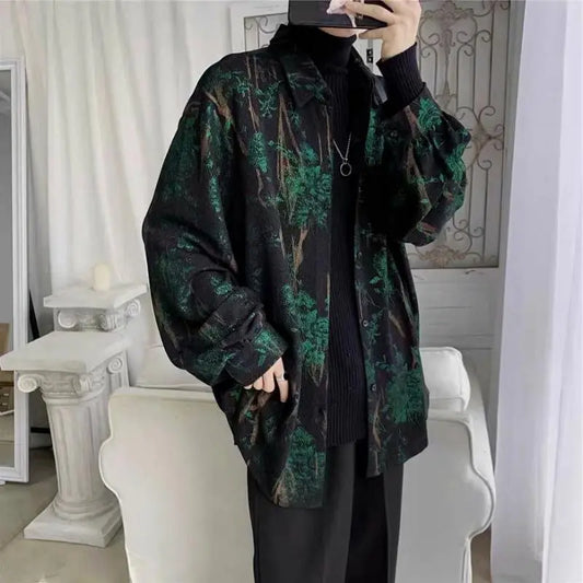 jiaabc Korean Fashion Long Sleeve Men Streetwear All-match Handsome Stylish Teens Shirt Spring Retro Temperament Hawaiian Men's Shirts