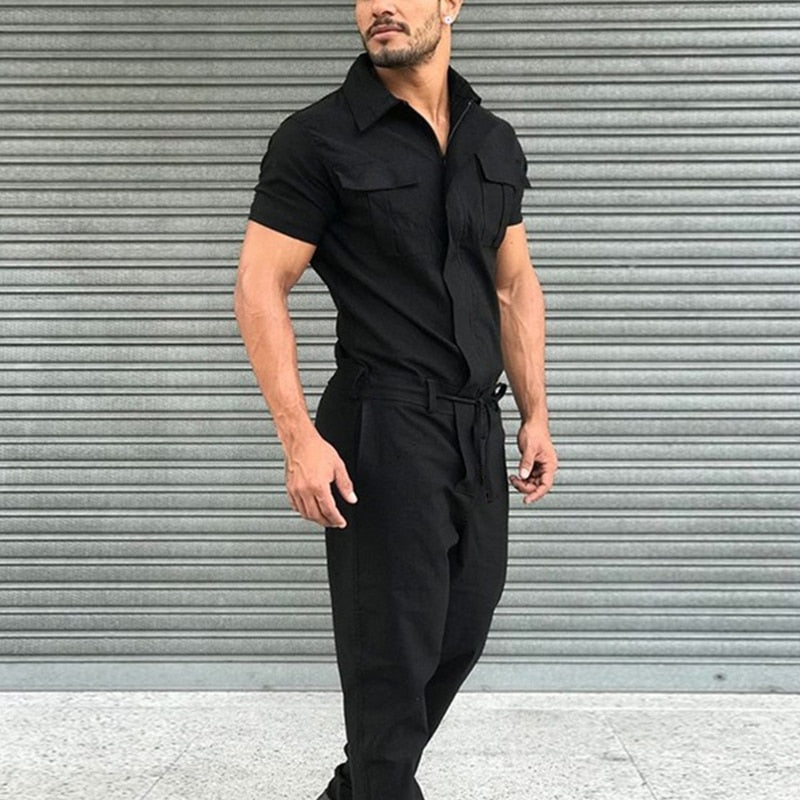 Men's Overalls Casual Streetwear Pocket Solid Color Short Sleeve+Trousers Jumpsuit Fashion Leisure Basic Work Pants