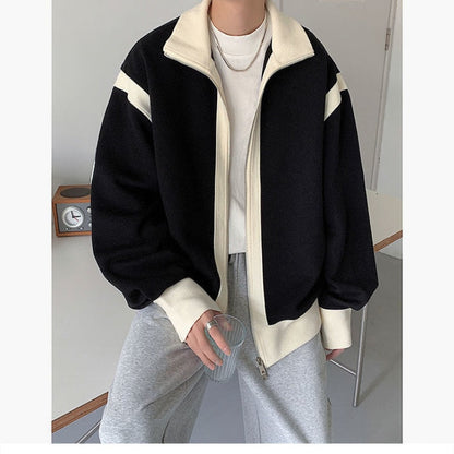 jiaabc Black and White Patchwork Zipper Jackets for Men Spring New Long Sleeves Loose Casual Jacket Trend Top Streetwear