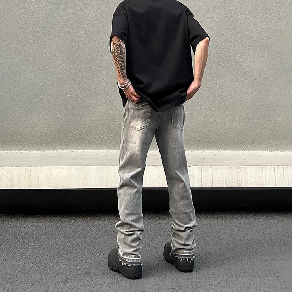 jiaabc Skinny Jeans Men Gray Summer High Street Pantalones Hombre Simple Slim Trousers Streetwear Vintage Fit Autumn Y2k Denim Pants