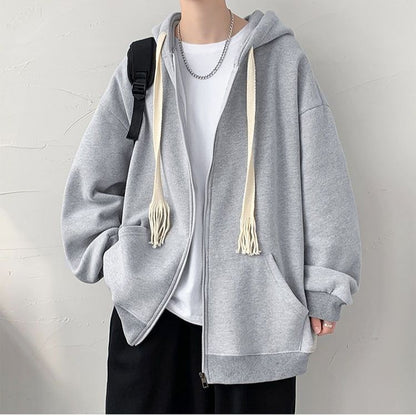 jiaabc Spring Autumn Winter Fashion Solid Casual Cardigan Jacket Men's Loose Cool Boys Soft Solid Zipper Hoodie Drawstring Student Coat