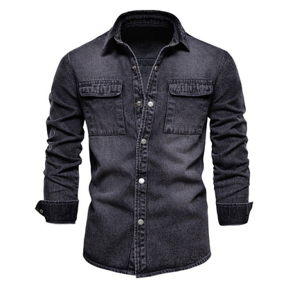 jiaabc 100% Cotton Denim Shirts Men Casual Solid Color Thick Long Sleeve Shirt for Men Spring High Quality Jeans Male Shirt