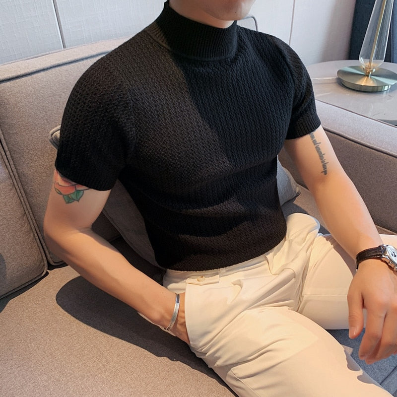 jiaabc Fall Winter New Short Sleeve Knitted Sweater Men Clothing Half High Neck Slim Fit Sweater T-shirt Casual Stretch Homme Pullover