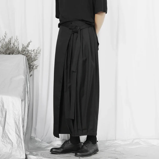 jiaabc Spring/Summer Casual Wide Leg Pants for Men's Dark Knight Pants Original Four Seasons  Asymmetric Loose Crop Nine Pants