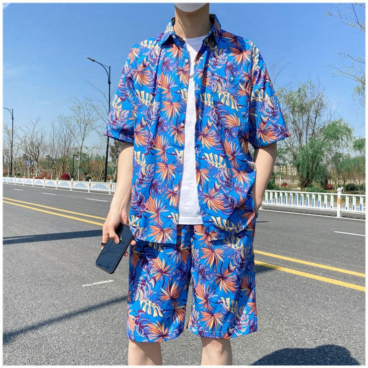 jiaabc Men's 2 Pieces Set Hawaiian Shirts + Beach Shorts Mens Casual Streetwear Summer 12 Floral Print Loose Short Sleeve Holiday Suits