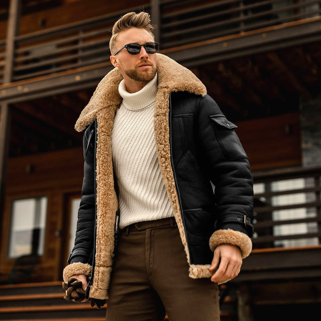 New Fashion Men's Fleece Jacket Turn Down Fur Collar Thick Coats Thicken Warm Leather Outwear Male Winter Streetwear Windbreaker