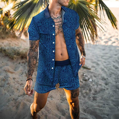 jiaabc Fashion Hawaiian Print Short Sleeve Shirt Set Men's Beach Coconut Print Shorts Men's Daily Beach Shirt Two-piece S-3XL