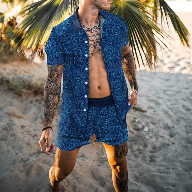 jiaabc Fashion Hawaiian Print Short Sleeve Shirt Set Men's Beach Coconut Print Shorts Men's Daily Beach Shirt Two-piece S-3XL