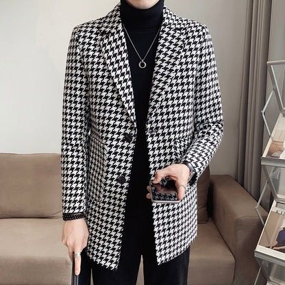 Houndstooth Lapel Mid-Length Men Windbreaker Coat Winter Suit Collar Fashion Print Casual Overcoat Jacket Streetwear Social Coat