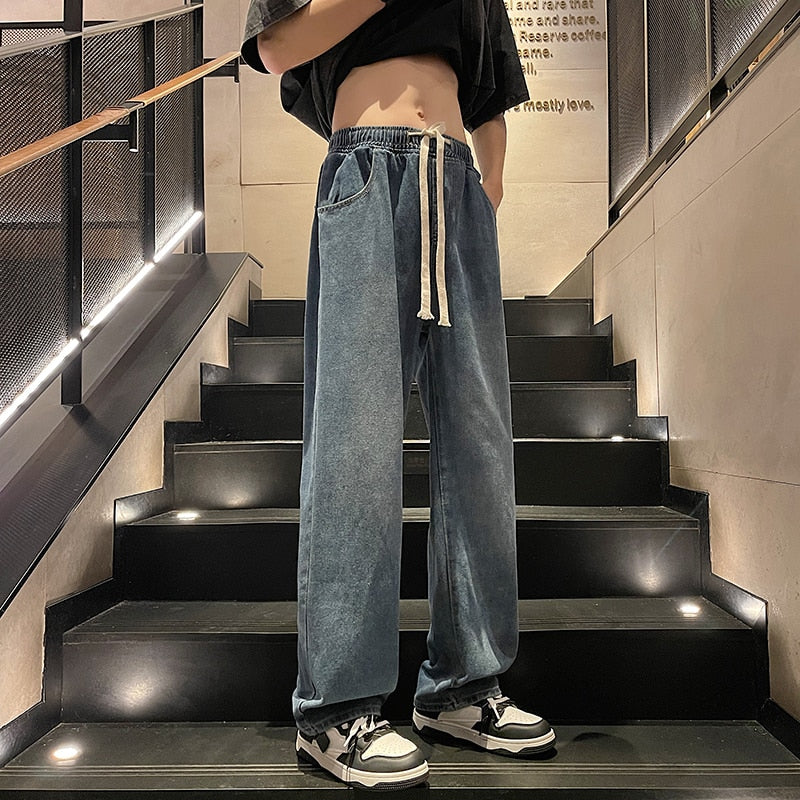 jiaabc Spring New Streetwear Baggy Jeans Men Korean Fashion Loose Straight Wide Leg Pants Male Brand Clothing Black Light Blue