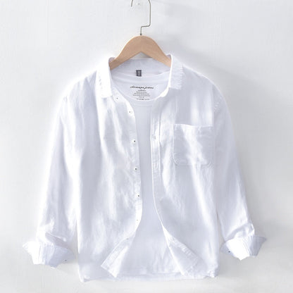 Cotton Linen Casual Shirts Men Basic Classic White Hawaiian Shirt Spring Male Long Sleeve Stand Collar Breathable Thin Tops