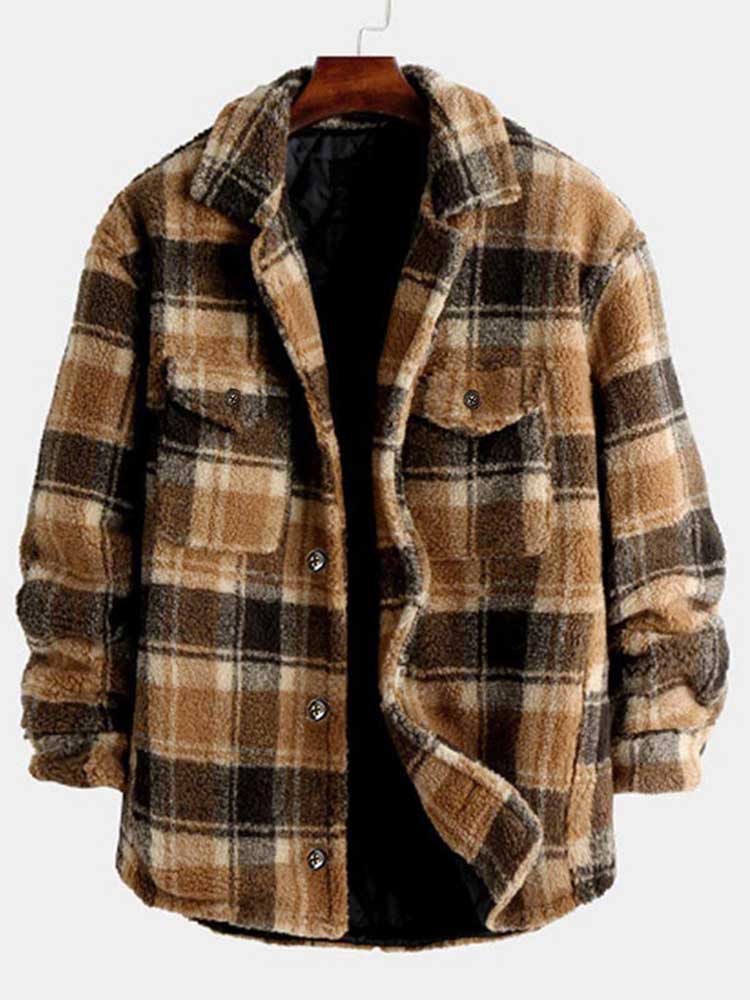 jiaabc Jacket for Men Plaid Fluffy Fleece Shirt Jacket with Pocket Button-up Faux Fur Sherpa Fall Winter Streetwear Topcoats NEW