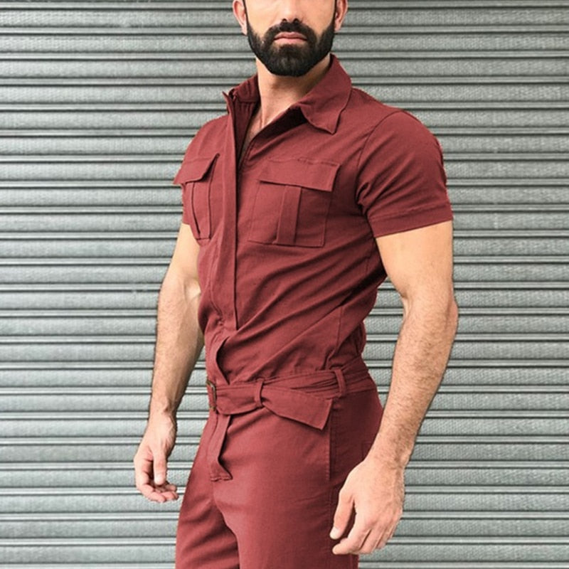 Men's Overalls Casual Streetwear Pocket Solid Color Short Sleeve+Trousers Jumpsuit Fashion Leisure Basic Work Pants