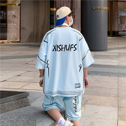 jiaabc Summer 2pcs Men's Set Matching Shorts T-shirts Hand-painted Clothing O-Neck Short Sleeve Oversize Streetwear Creative Graffiti