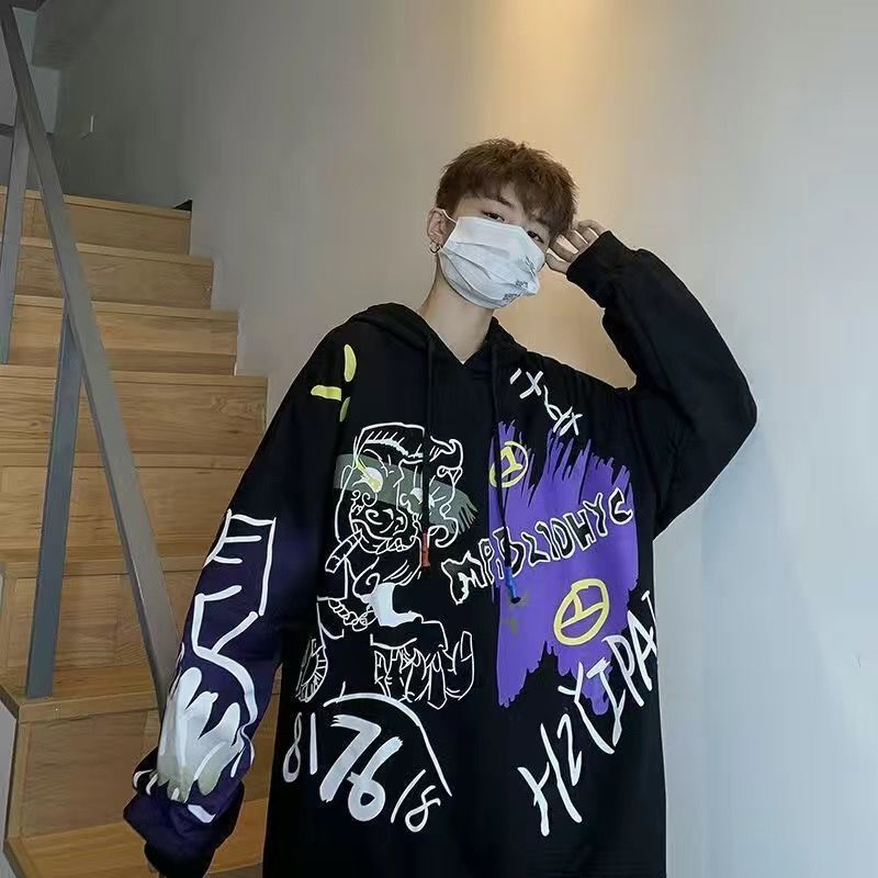 jiaabc Autumn and winter Korean style trend plus fleece hooded sweater men graffiti hip-hop all-match loose printed coat couple sweater