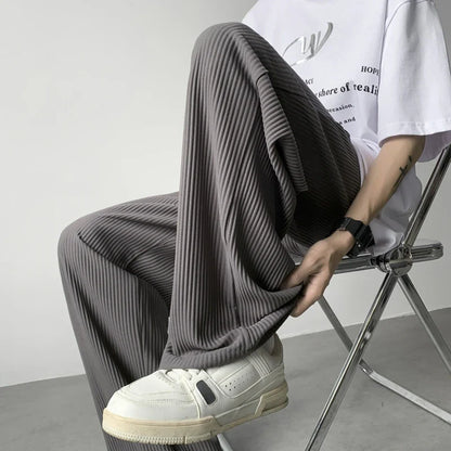 jiaabc Summer Casual Pants Men Fashion Oversized Wide Leg Pants Men Trousers Streetwear Korean Loose Pleated Pants Mens Ice Silk Pants