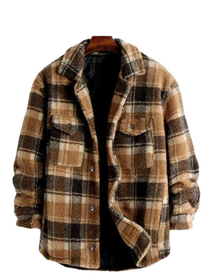 jiaabc Jacket for Men Plaid Fluffy Fleece Shirt Jacket with Pocket Button-up Faux Fur Sherpa Fall Winter Streetwear Topcoats NEW