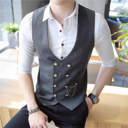 Men's Double Breasted Vest Spring New Slim Sleeveless Formal Suit Vest Gray Black Fashion Men's Business Casual Suit Vest