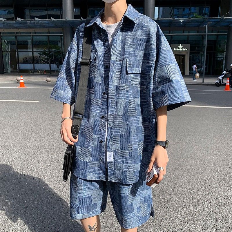 jiaabc Checkered Imitation Denim Multi Pocket Set for Men's Short Sleeve Shirt 2023 Summer Retro Hong Kong Style Handsome Two-piece Set