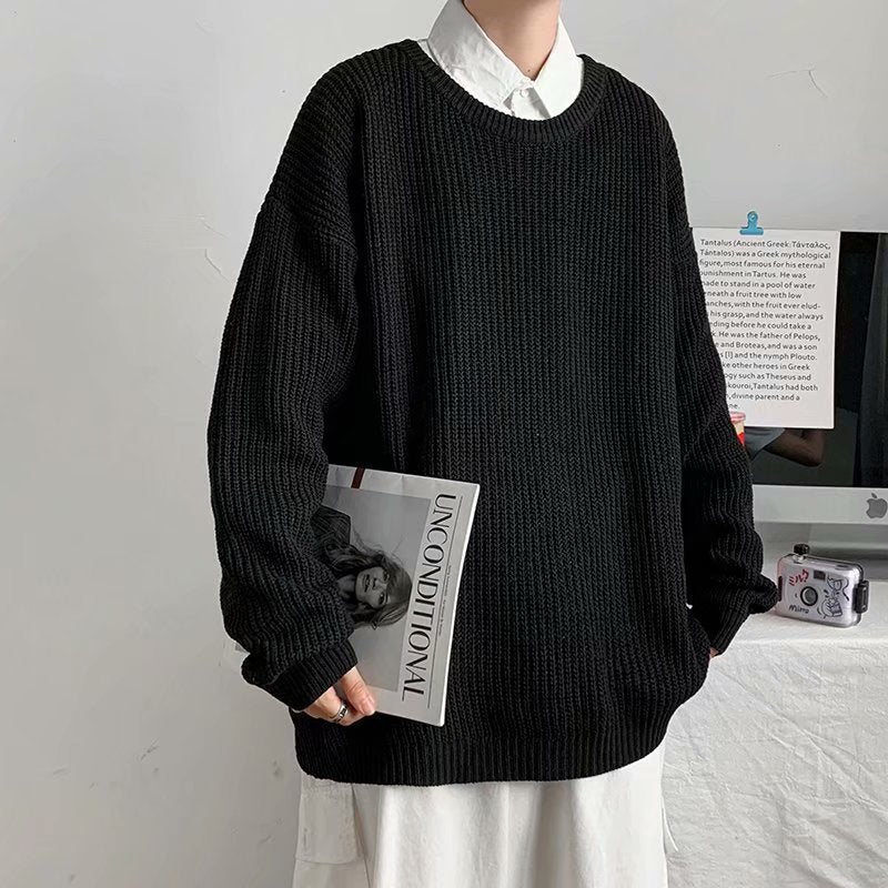 Men Pullover Sweater Autumn Fashion Solid Color Casual Loose O-Neck Knitted Men's Clothing Oversize Harajuku Streetwear Sweater