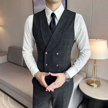 jiaabc Double breasted gray plaid vest men's suit set with striped vest business suit