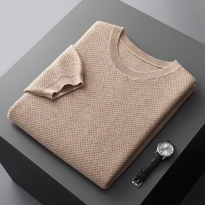 100% Pure Wool T-Shirt Men's Round Neck Pullover Short Sleeve Autumn Winter New Honeycomb Stitch Vest Casual Sweater