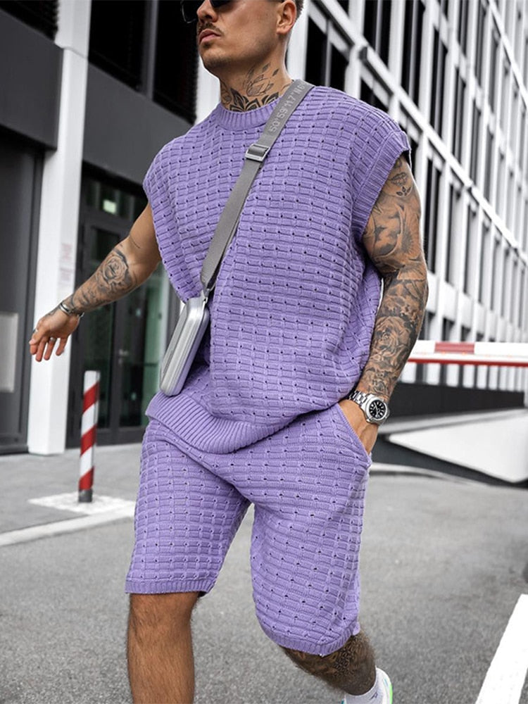 jiaabc Streetwear Summer Men Fashion Outfits Knitted Solid Color Loose Two Piece Sets Mens Casual O Neck Pullover And Shorts Suits