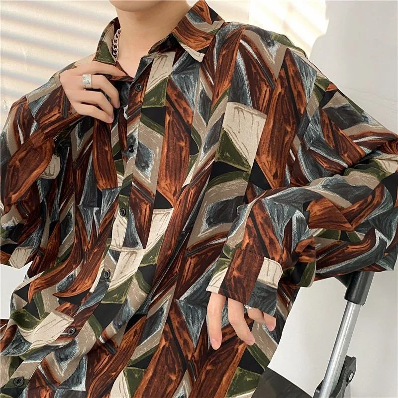 Antique Vintage Long sleeve Shirt for Men Streetwear Korea Style Fashion Design Clothes Full-printed Men's Hip Hop Top Shirt