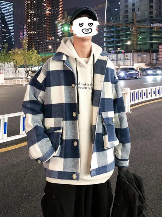 jiaabc Winter Hip Hop Woolen Coat Men's Short Hong Kong Style Trend Jacket Loose Handsome Youth Lapel Plaid Thickened Jackets