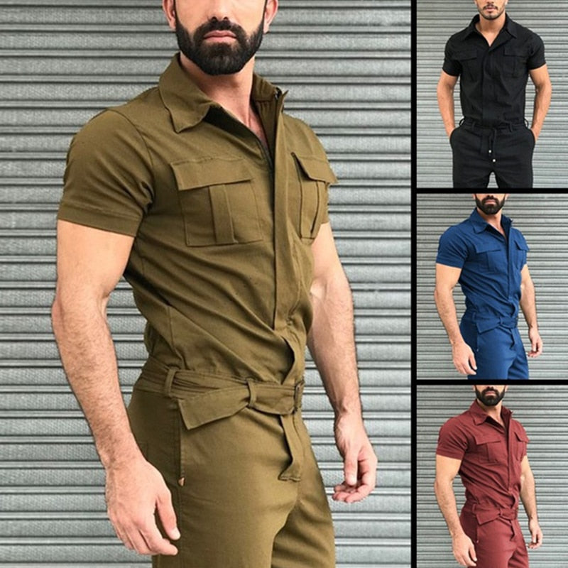 Men's Overalls Casual Streetwear Pocket Solid Color Short Sleeve+Trousers Jumpsuit Fashion Leisure Basic Work Pants