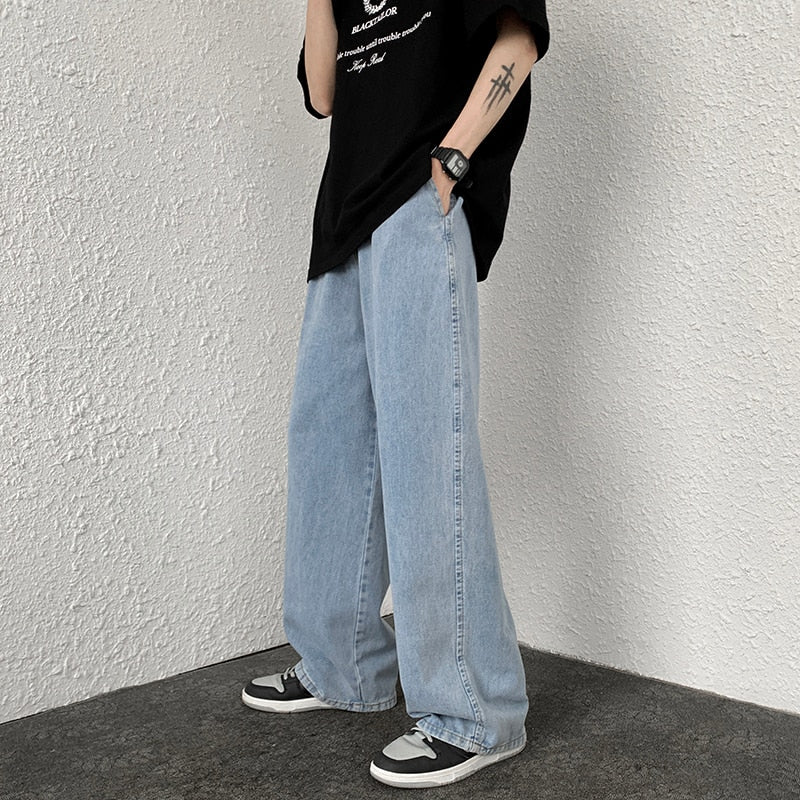 2024 Autumn New Men's Baggy Jeans Korean Street Hip-hop Loose Straight Wide-leg Pants Classic Black Denim Casual Trousers S-3XL