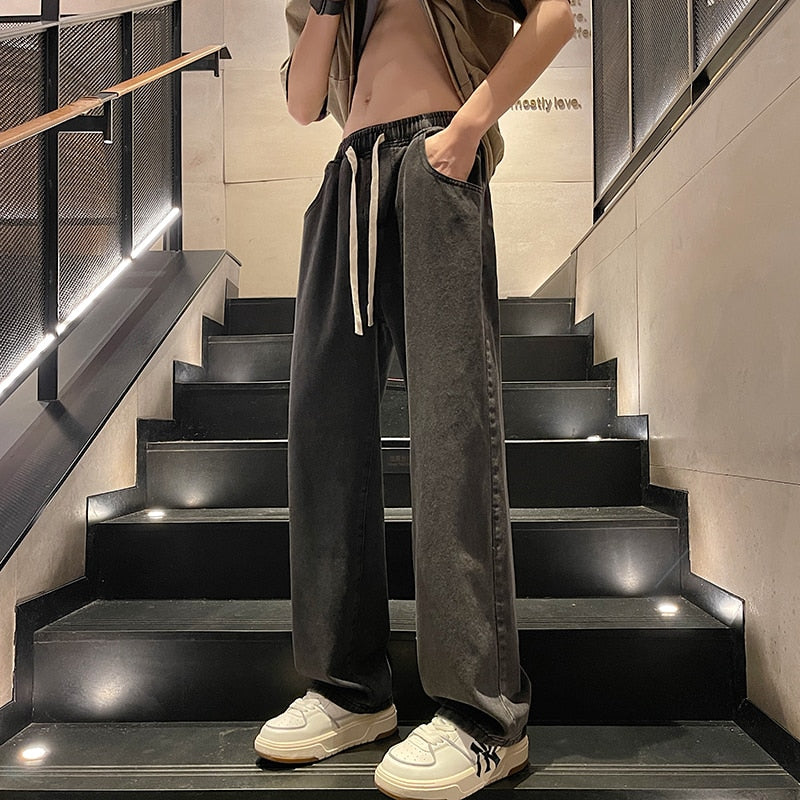 jiaabc Spring New Streetwear Baggy Jeans Men Korean Fashion Loose Straight Wide Leg Pants Male Brand Clothing Black Light Blue