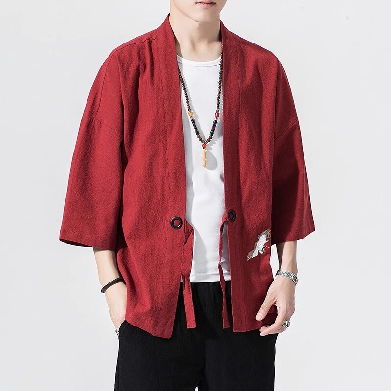 jiaabc  Summer Men's Kimono Jackets Cardigan Mens Lightweight Casual Cotton Blends Linen Seven Sleeves Open Front Coat Outwear