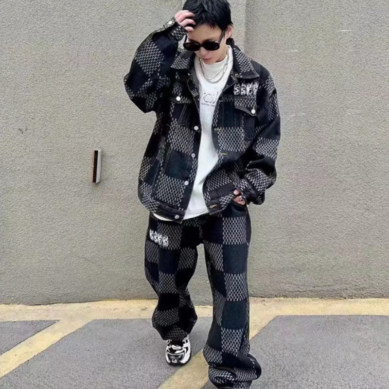 jiaabc Hip Hop Denim 2pcs Suit Men Women Trend Streetwear Denim Plaid Jacket and Punk BF Style Jeans Male Female Two Piece Set