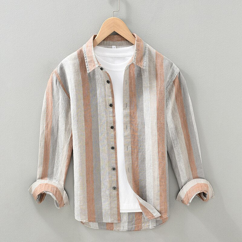 jiaabc 100% Linen Casual Striped Shirt for Mens Long Sleeve Turn-down Collar Shirts Spring New Men Dress Shirt