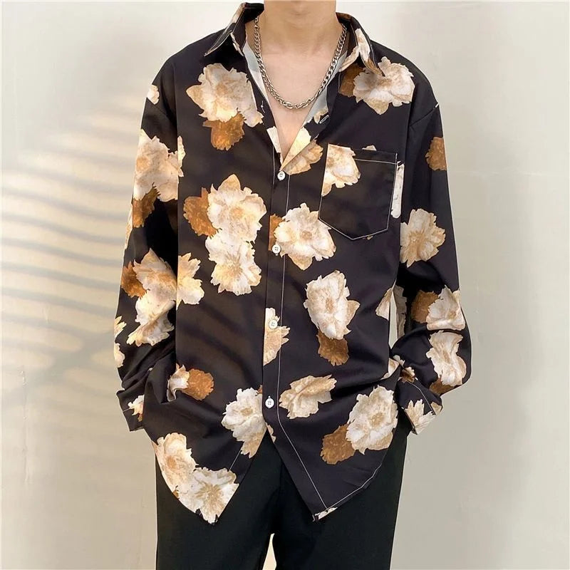 Antique Vintage Long sleeve Shirt for Men Streetwear Korea Style Fashion Design Clothes Full-printed Men's Hip Hop Top Shirt