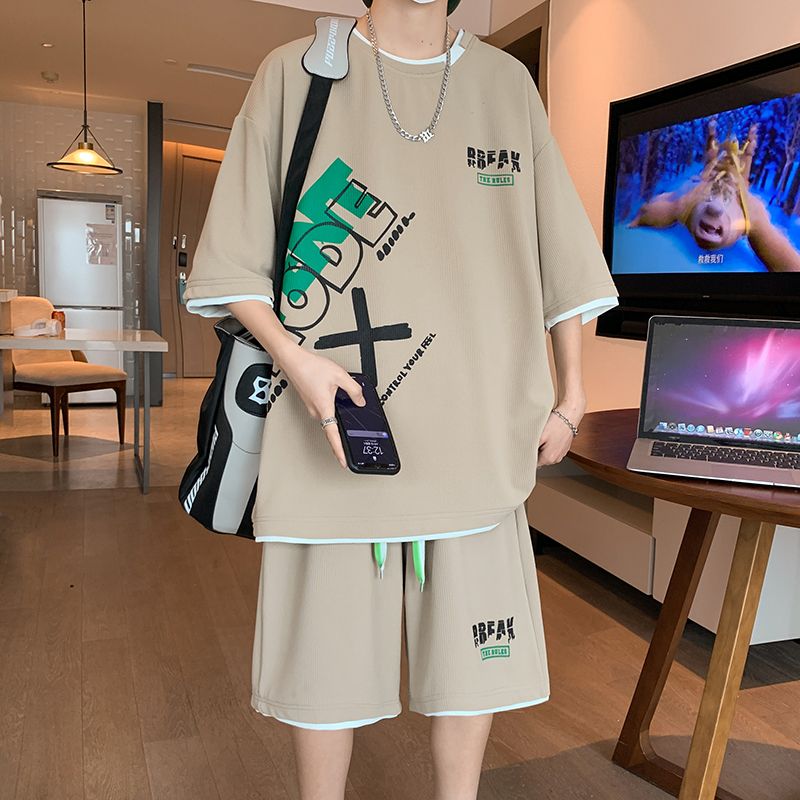 jiaabc Hip Hop Summer Set 2023 Cool Boys' Letter Print Short Sleeve T-shirt Spliced Shorts Set High Street Vitality Casual Streetwear