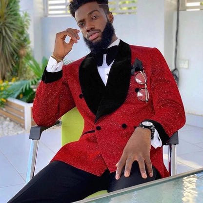 jiaabc Double Breasted Red Suits for Men Slim Fit Floral Groom Wedding Tuxedo Blazer with Pants Formal Business 2 Pieces Set Costume