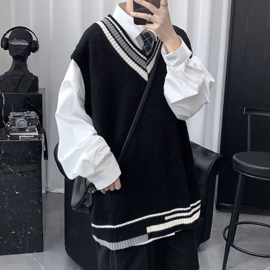 jiaabc Spring Summer Autumn Solid Patchwork Irregular Stripes Casual Pullover Tess Vest Men Loose Knitted Top Sweater Gentle Students