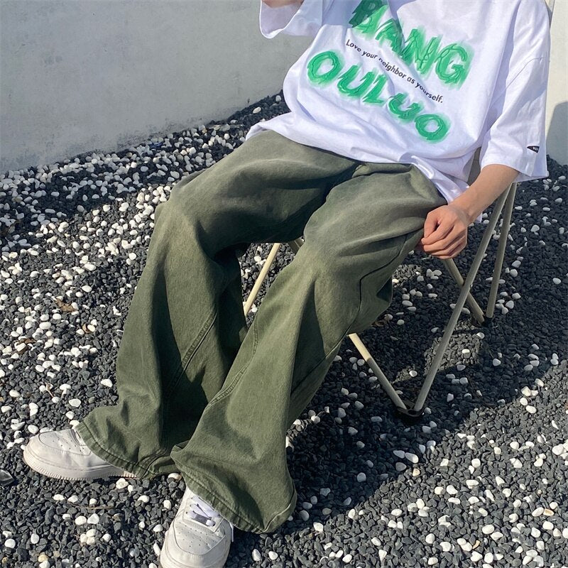 jiaabc Green Jeans Baggy Distressed Vintage Denim Trousers Male Wide Leg Pants Men Streetwear Retro Oversize Casual Hip Hop