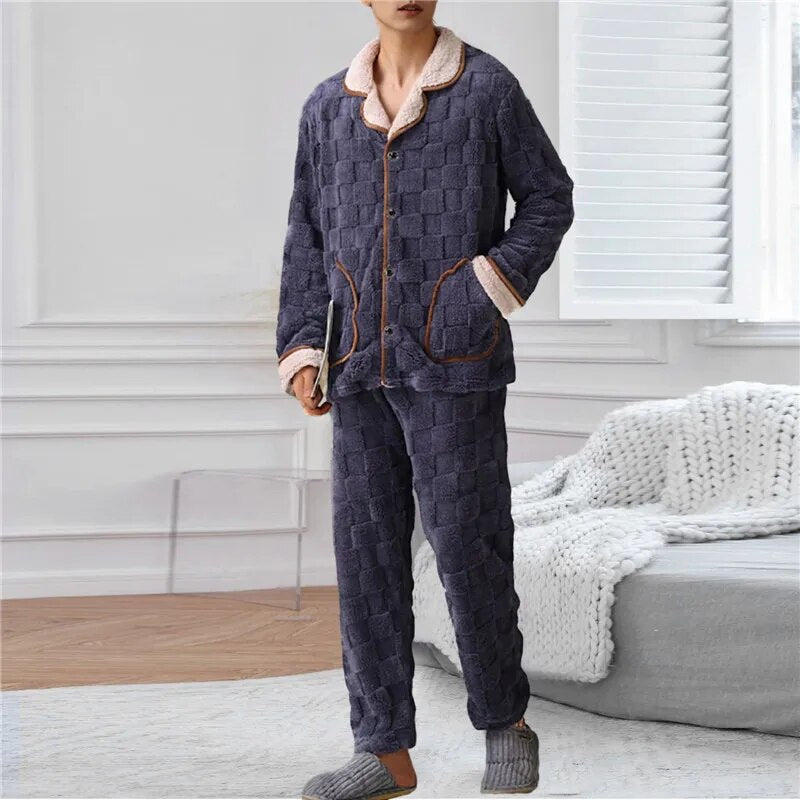 jiaabc Men Warm Flannel Autumn Winter Pajamas Turn-down Collar Long-sleeved Trousers Two-piece Set Loose Comfortable Sleepwear Suit