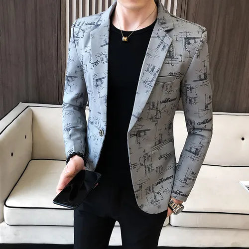 jiaabc Men Blazer Spring Fashion High-quality Men Korean Version of The Printed Slim Formal Wedding Party Prom Suit Jacket