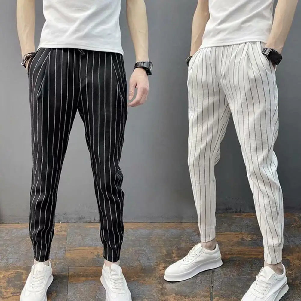 jiaabc Men Harem Pants Striped Drawstring Elastic Waist Slim Fit Streetwear Spring Autumn Stretch Ankle Tied Pencil Pants for Daily